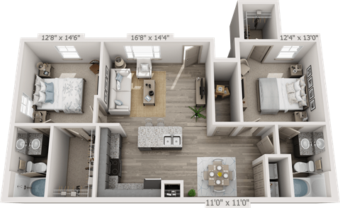 Floor plan for 2 beds, 2 baths, 1124 sqft